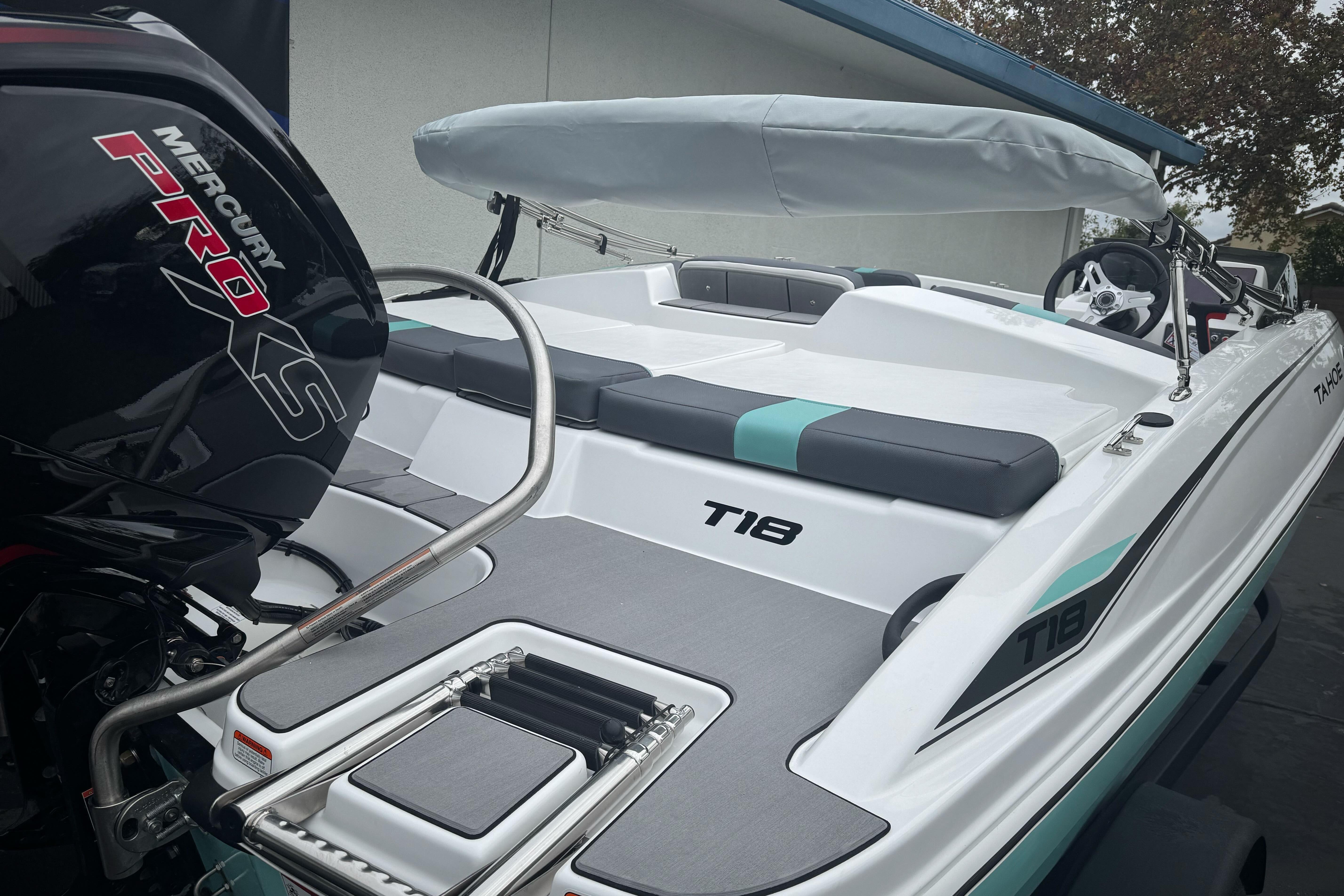 2026 Tahoe T18 boat with Mercury Pro XS engine, featuring sleek design and modern amenities.