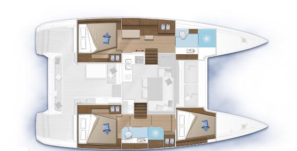 Floor plan of 2020 Lagoon 40 catamaran, featuring spacious cabins and modern amenities.