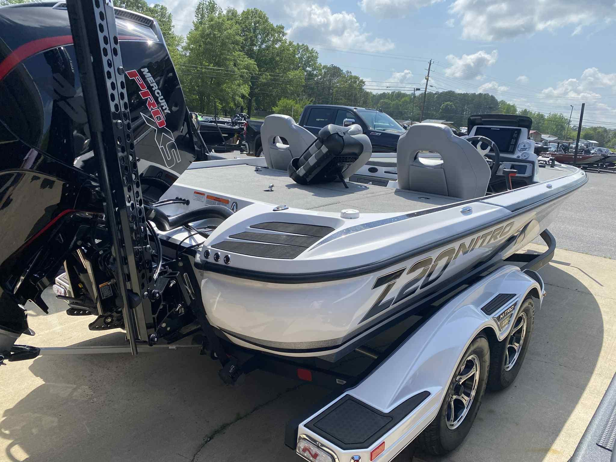 2024 Nitro Z20 Pro boat with dual seats and powerful engine, parked outdoors.