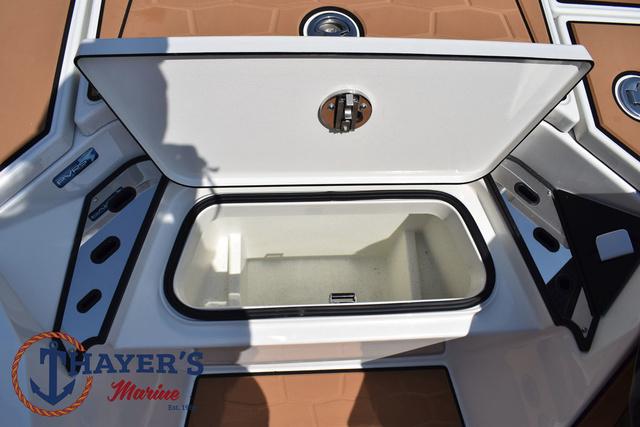 2025 Ranger Z520R Cup-Equipped boat storage compartment open, Thayer's Marine logo visible.