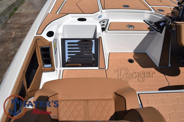 2025 Ranger Z520R boat interior with tan seating and Thayer's Marine logo.