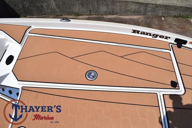 2025 Ranger Z520R Cup-Equipped boat deck with Thayer's Marine logo, featuring tan and white design.