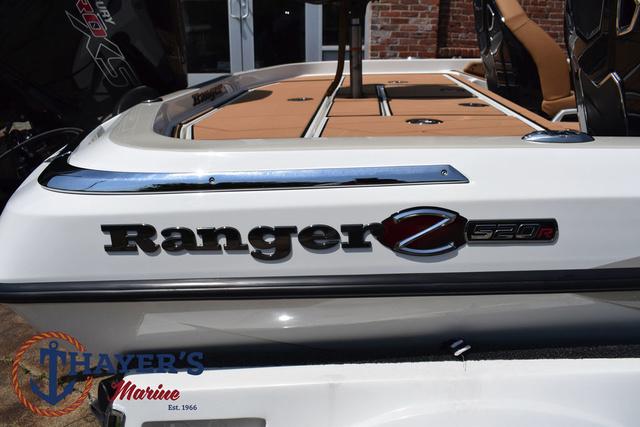 2025 Ranger Z520R Cup-Equipped boat, rear view with logo, displayed at Thayer's Marine.