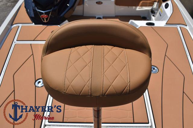 2025 Ranger Z520R Cup-Equipped boat seat with tan leather and Thayer's Marine logo.