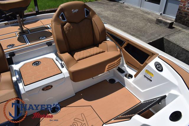 2025 Ranger Z520R Cup-Equipped boat interior with tan seating and Thayer's Marine logo.