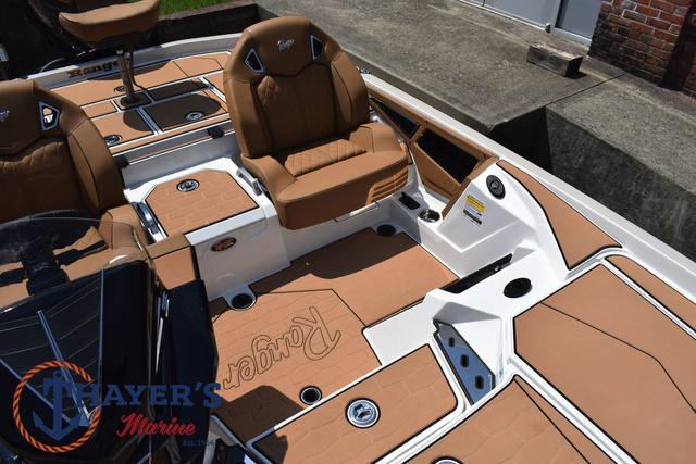 2025 Ranger Z520R Cup-Equipped boat interior with tan seating and deck, featuring Ranger logo.