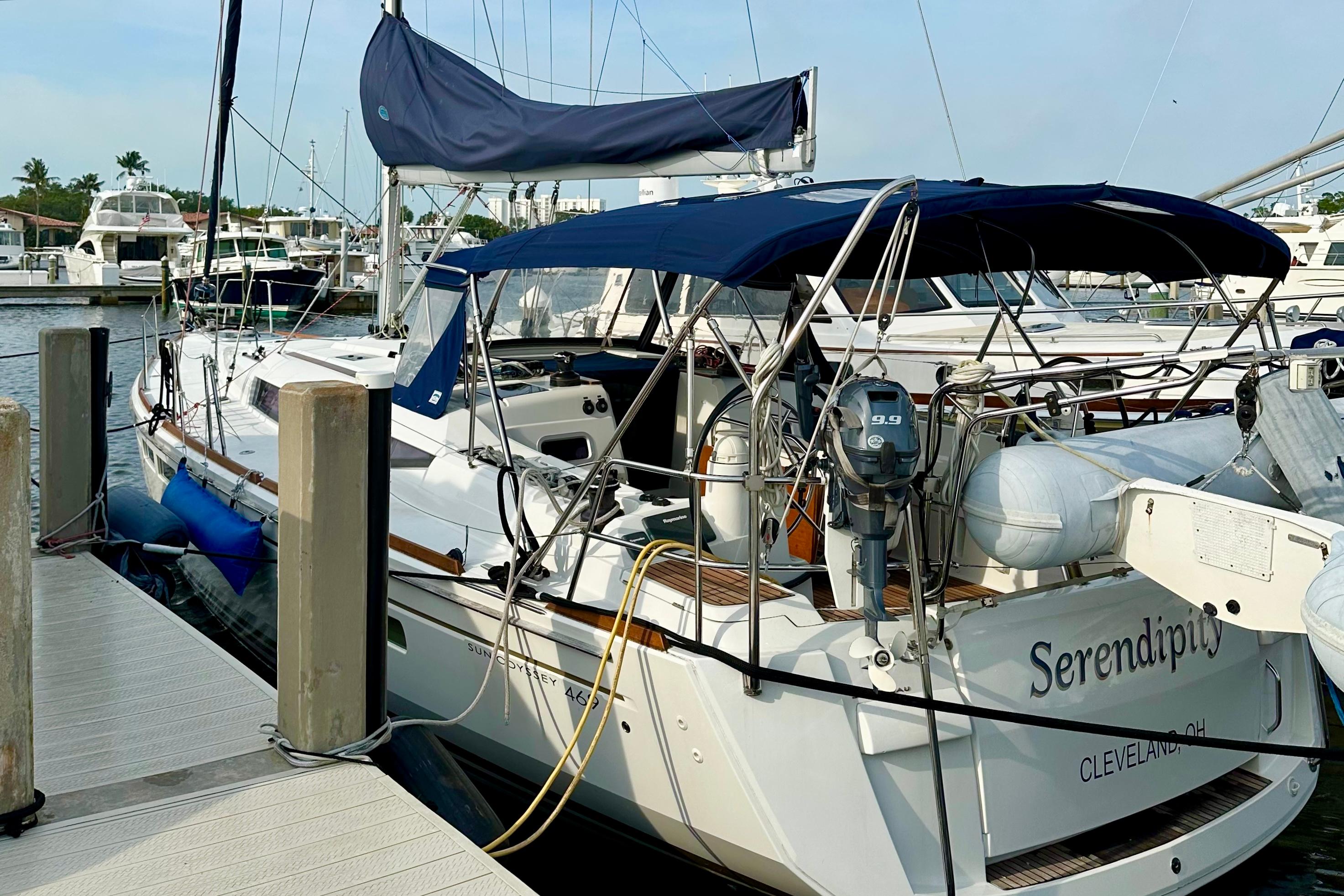 Jeanneau-Sun Odyssey 469 2014-Serendipity RI-US-2014 Jeanneau Sun Odyssey 469 sailboat docked at marina, featuring blue canopy and sleek design.-9695803 | Thumbnail