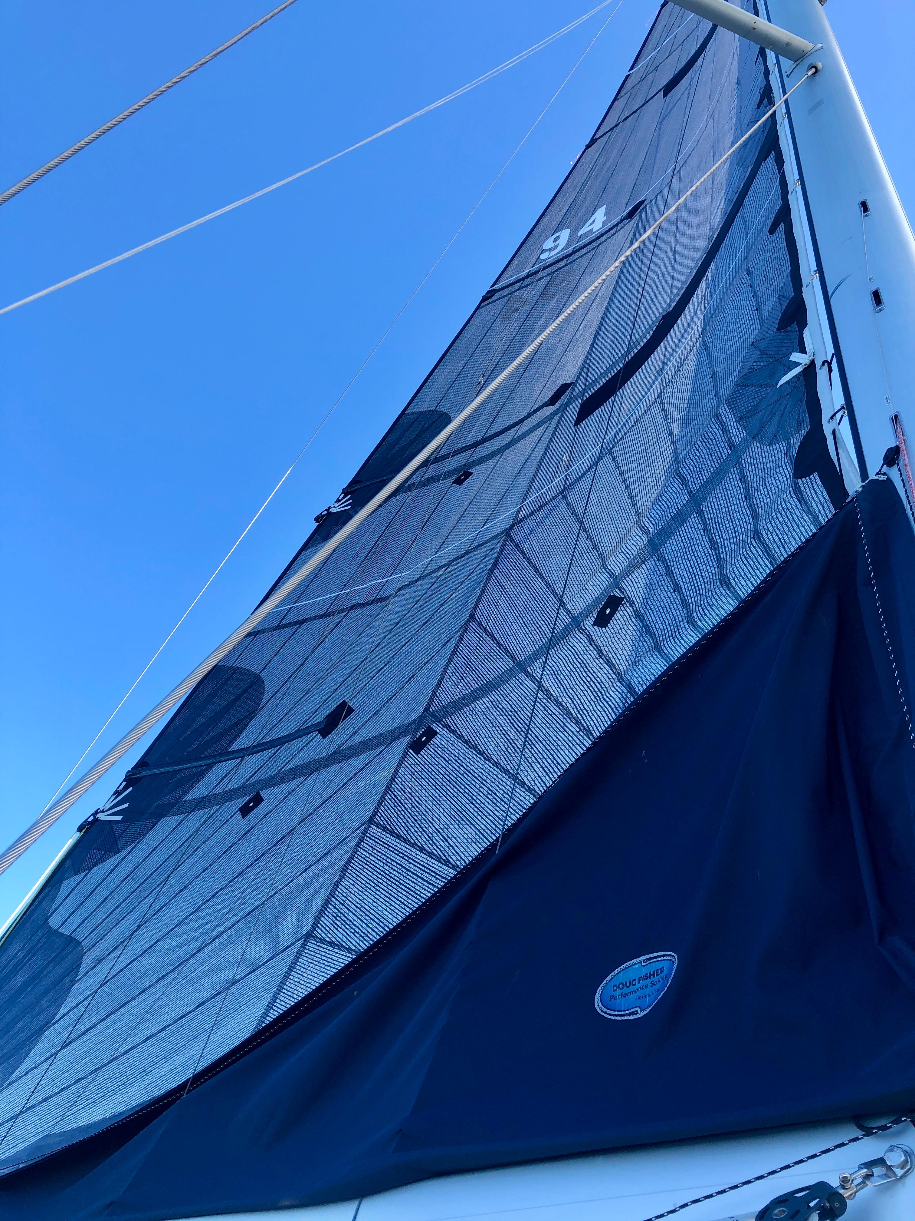 Jeanneau-Sun Odyssey 469 2014-Serendipity RI-US-2014 Jeanneau Sun Odyssey 469 sailboat with tall sail against clear blue sky.-9695803 | Thumbnail