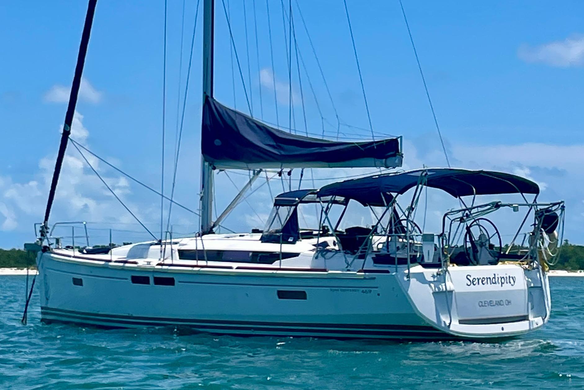 Jeanneau-Sun Odyssey 469 2014-Serendipity RI-US-2014 Jeanneau Sun Odyssey 469 sailboat on calm blue water.-9695803