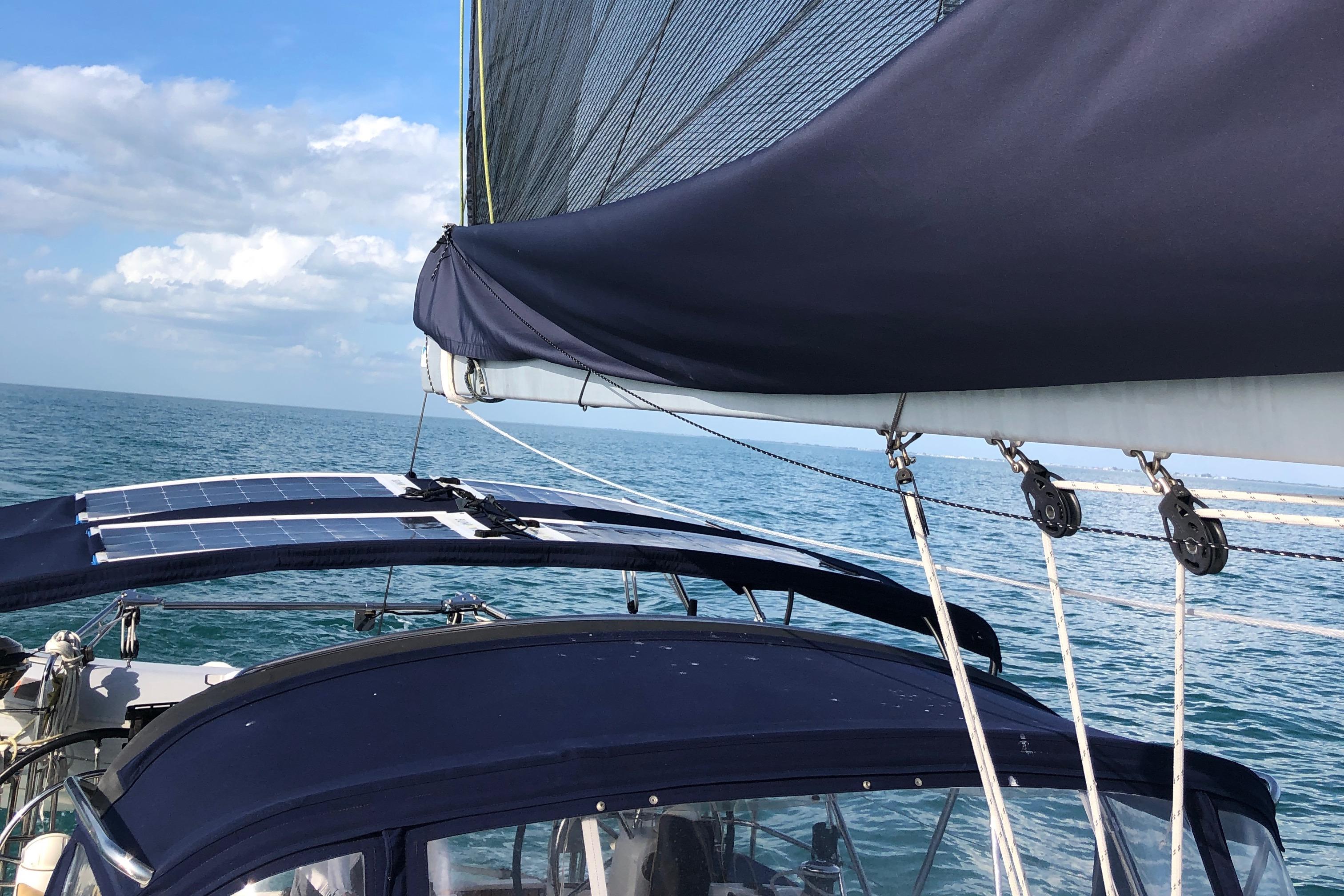 Jeanneau-Sun Odyssey 469 2014-Serendipity RI-US-Sailing on a 2014 Jeanneau Sun Odyssey 469 with solar panels and blue canvas covers.-9695803 | Thumbnail