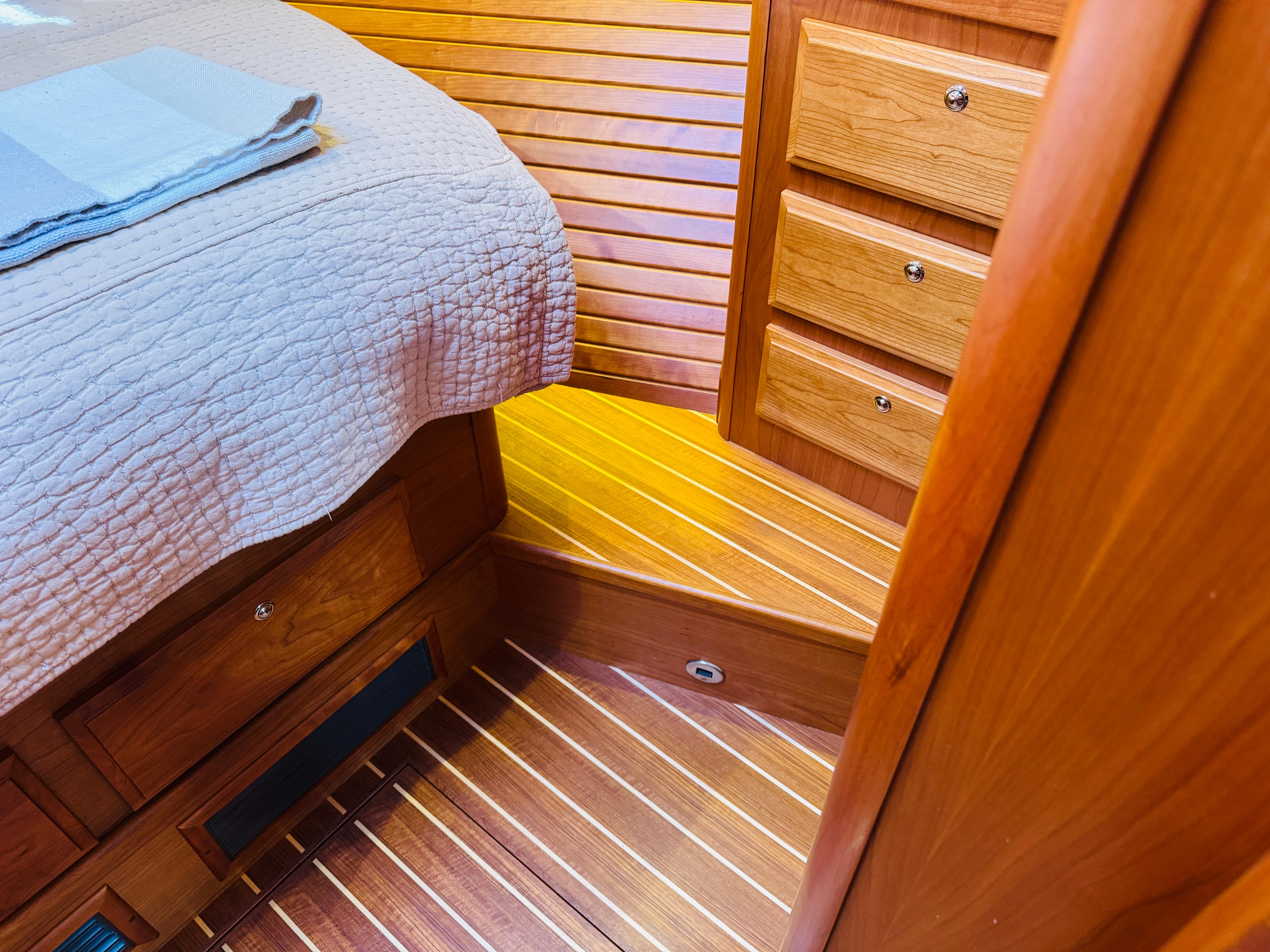 Luxurious wooden interior of 2018 Sabre 42 Salon Express yacht cabin.