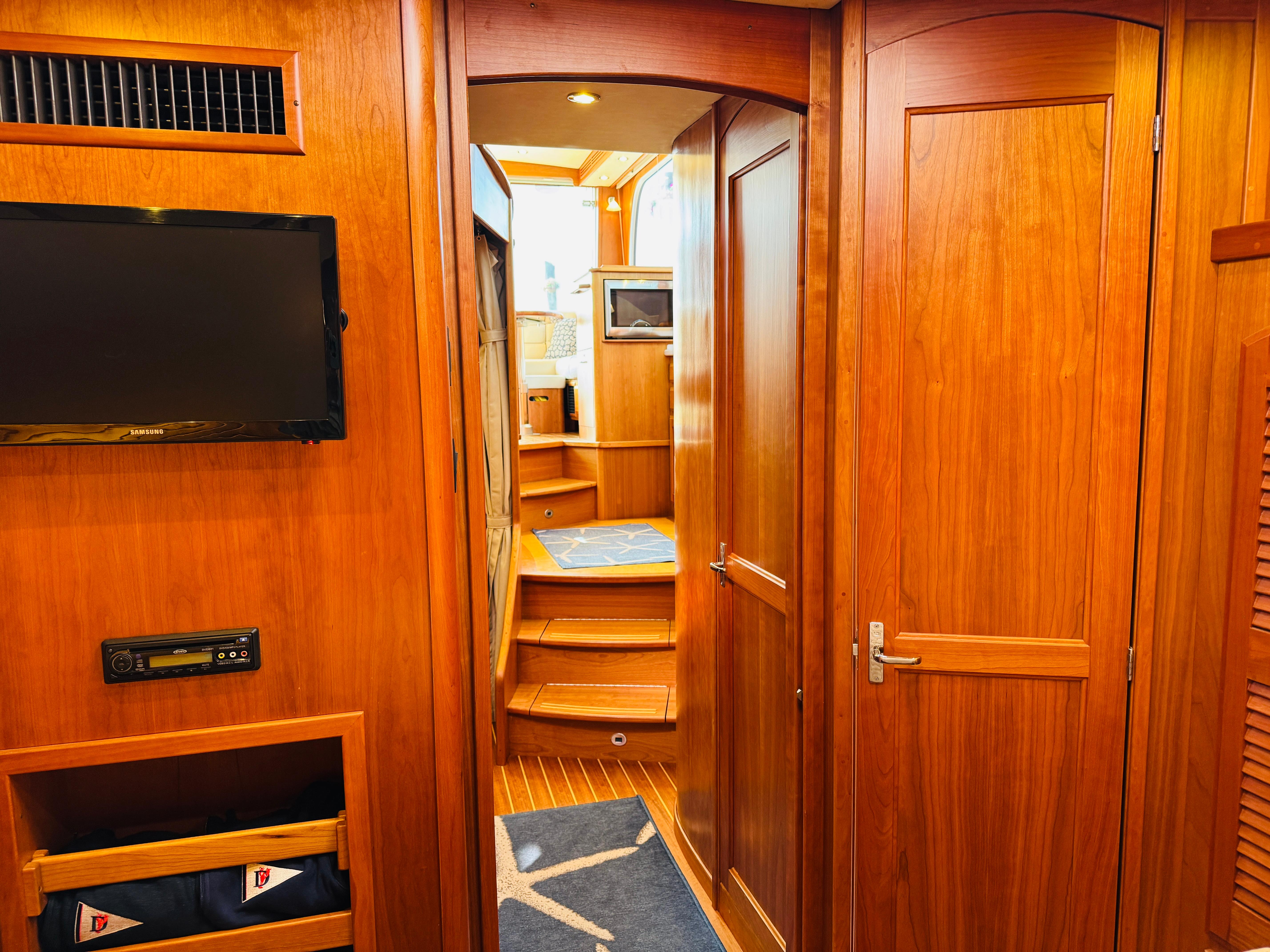 Interior of 2018 Sabre 42 Salon Express yacht with wooden finish and modern amenities.