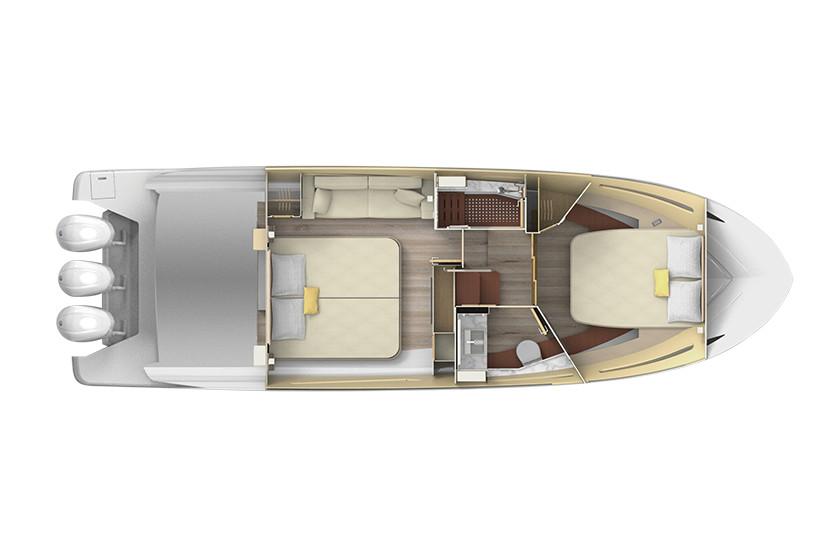 Manufacturer Provided Image: 2022 Regal 38 XO yacht interior layout with two bedrooms and a bathroom.