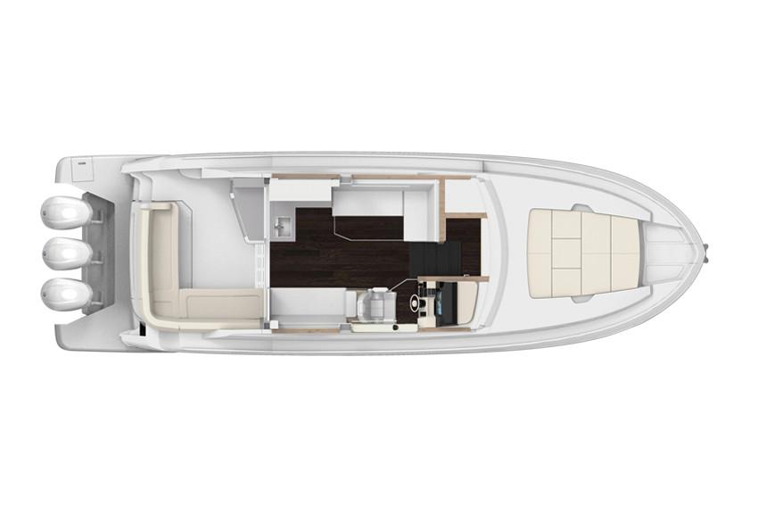 Manufacturer Provided Image: Top view of 2022 Regal 38 XO yacht layout with triple outboard engines.