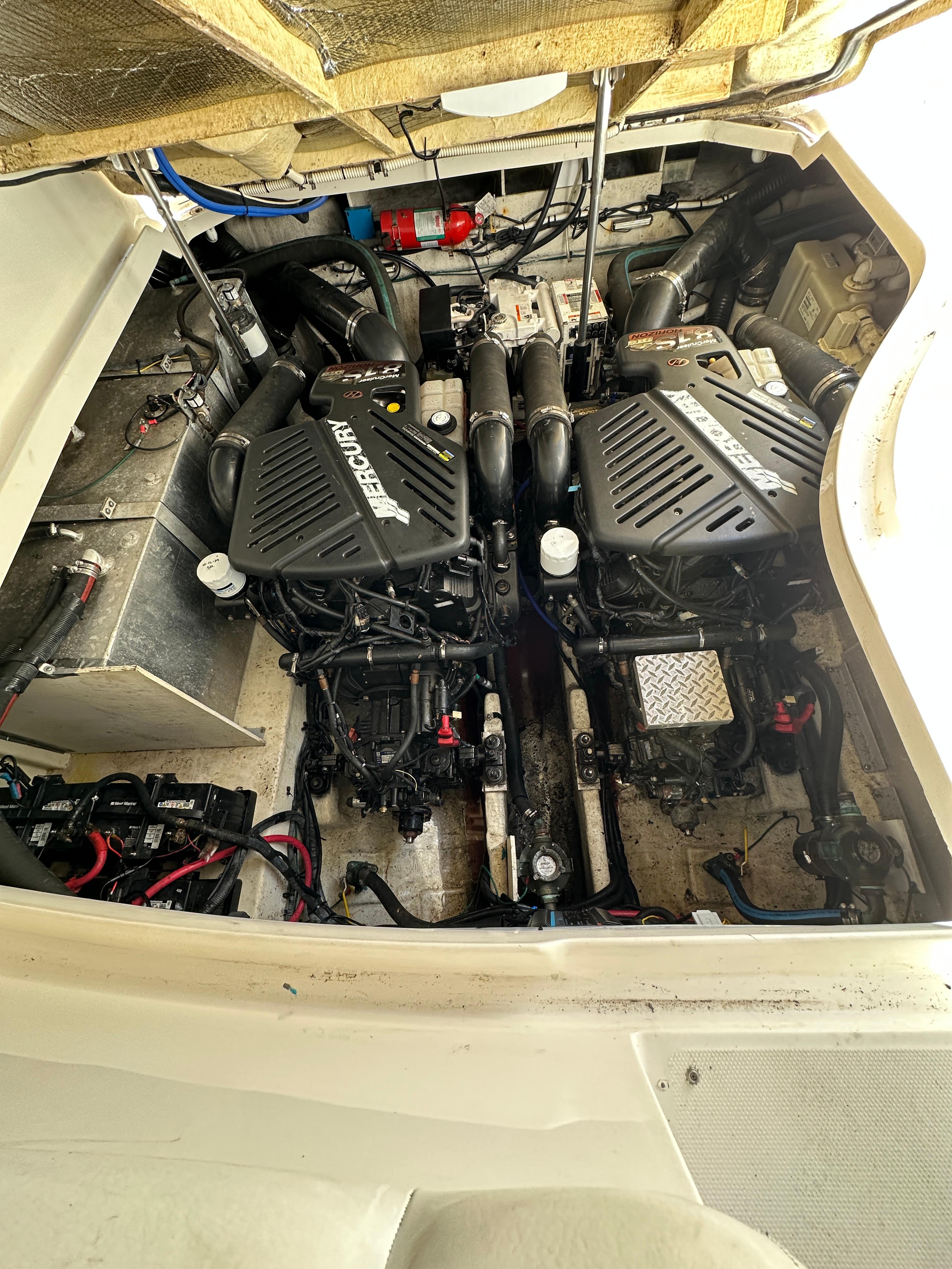 Engine compartment of a 2008 Sea Ray 330 Sundancer boat.