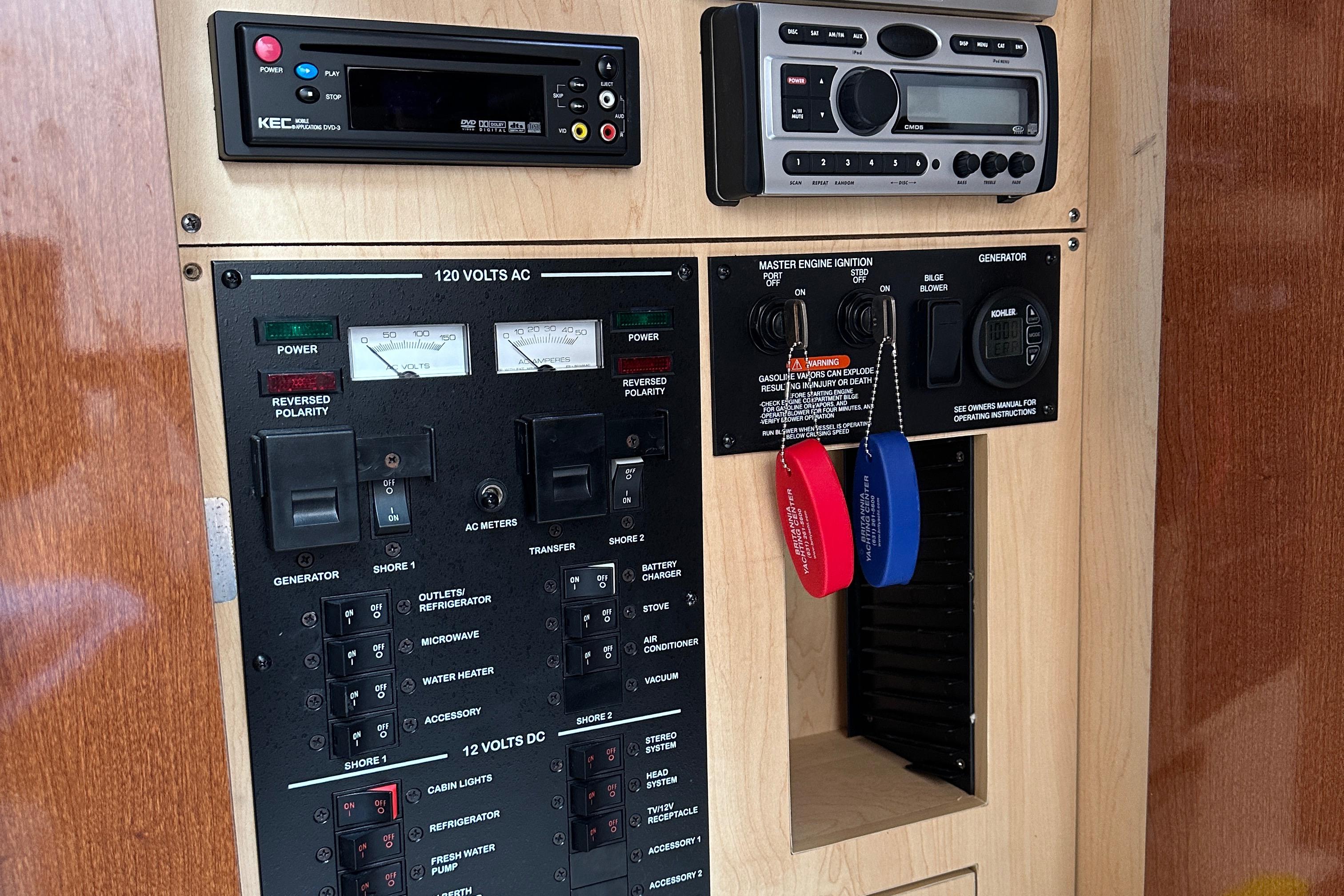 Control panel of a 2008 Sea Ray 330 Sundancer boat with electronic systems.