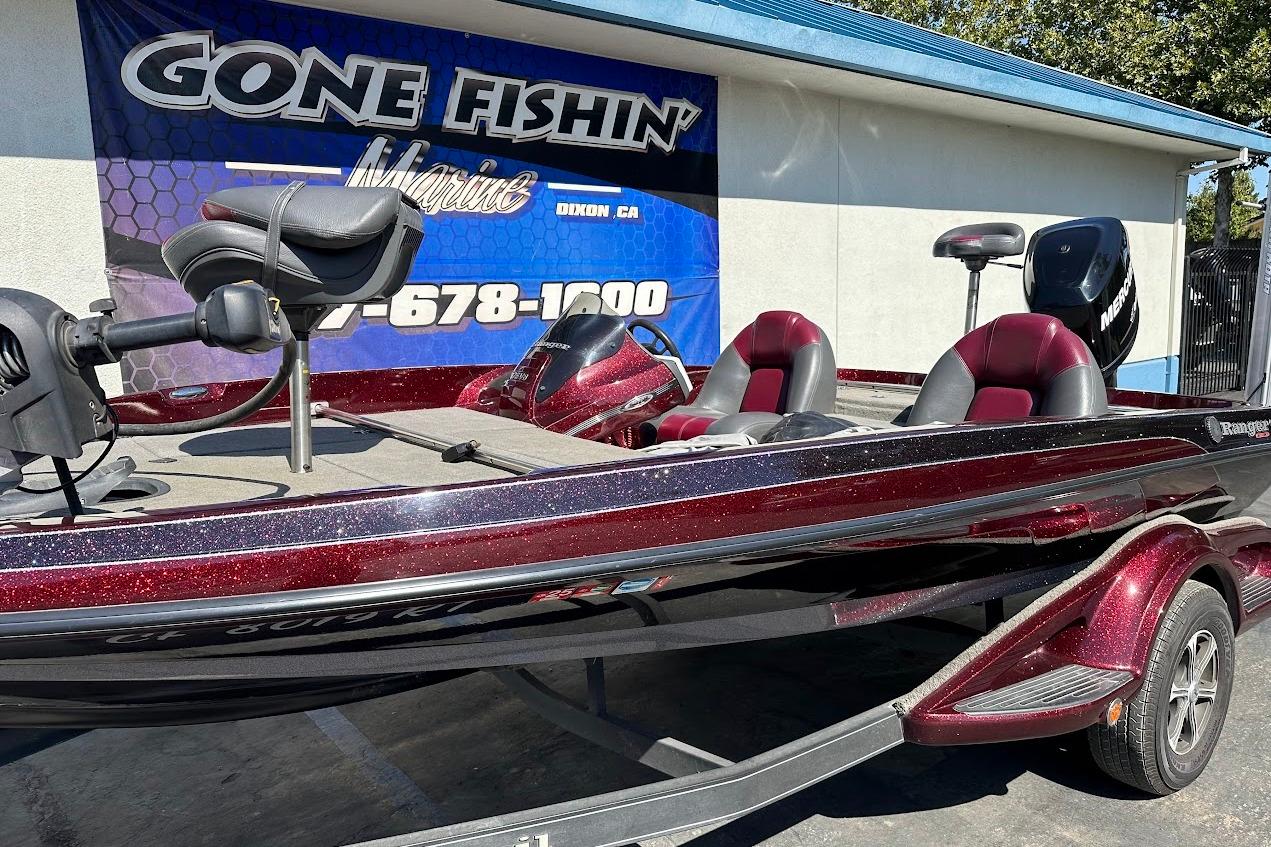 2010 Ranger 178 VS fishing boat with maroon seats, displayed at Gone Fishin' Marine.