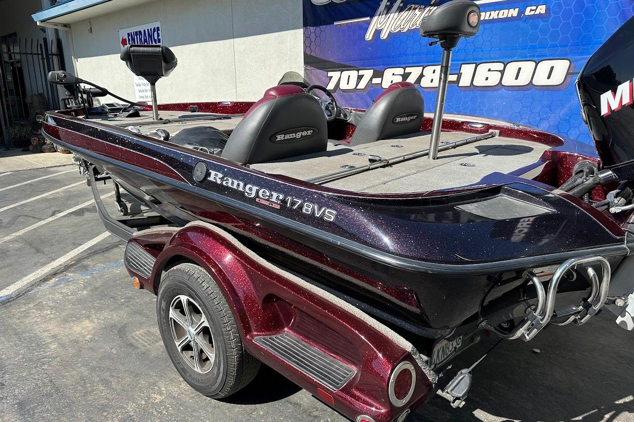 2010 Ranger 178 VS boat on trailer, parked outside a building.