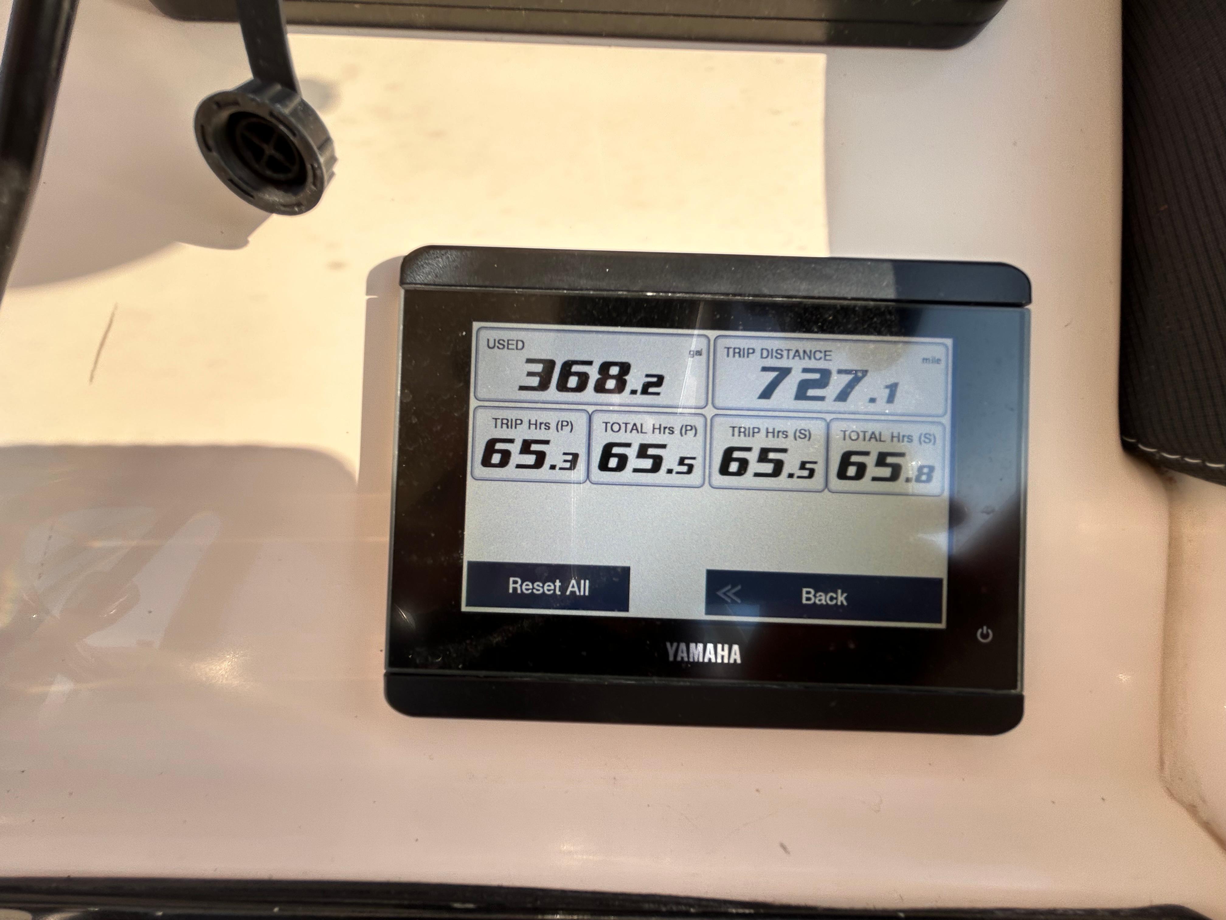Yamaha display showing trip data on 2023 Grady-White Freedom 275 boat.