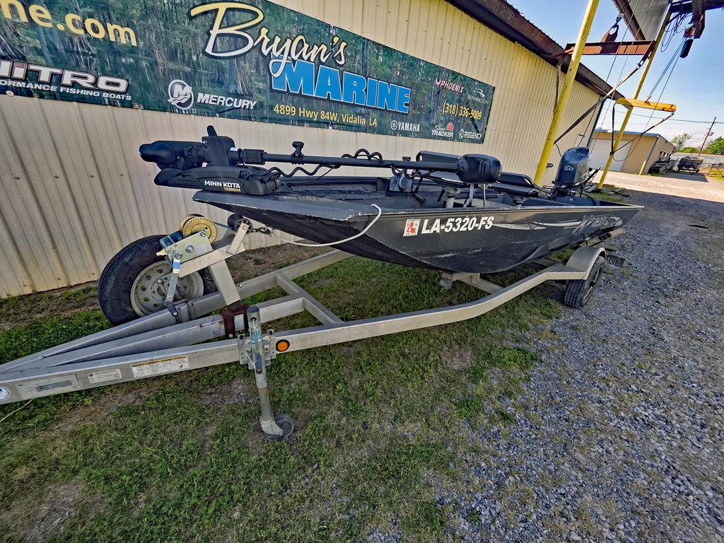2008 Xpress XP16PF Stick-Steer boat on trailer at Bryan's Marine dealership.