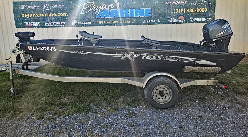 2008 Xpress XP16PF Stick-Steer boat on trailer, displayed at Bryan's Marine.