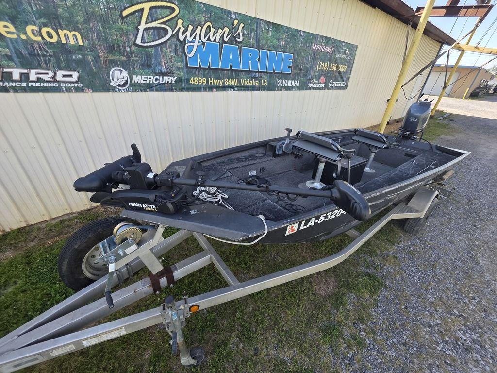 2008 Xpress XP16PF Stick-Steer boat on trailer at Bryan's Marine dealership.