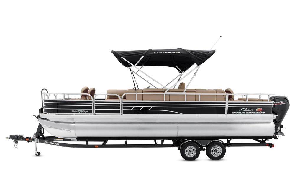 2021 Sun Tracker Fishin' Barge 24 DLX pontoon boat with canopy and trailer.
