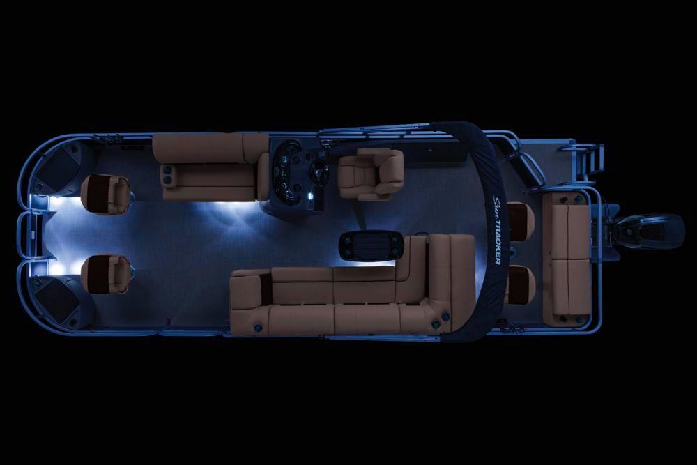 2021 Sun Tracker Fishin' Barge 24 DLX pontoon boat interior with ambient lighting.