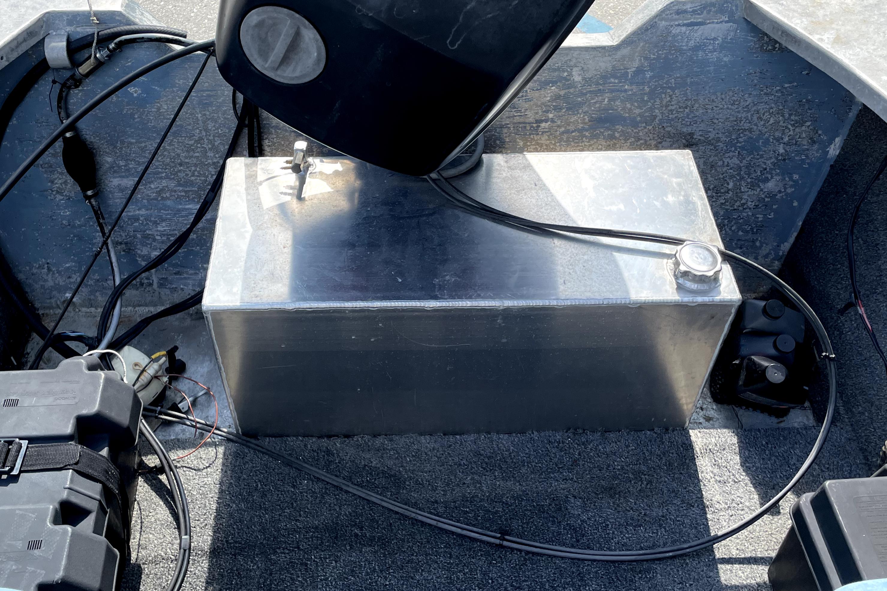 Aluminum boat interior with wiring and equipment, Custom Aluminum 15, 1994 model.