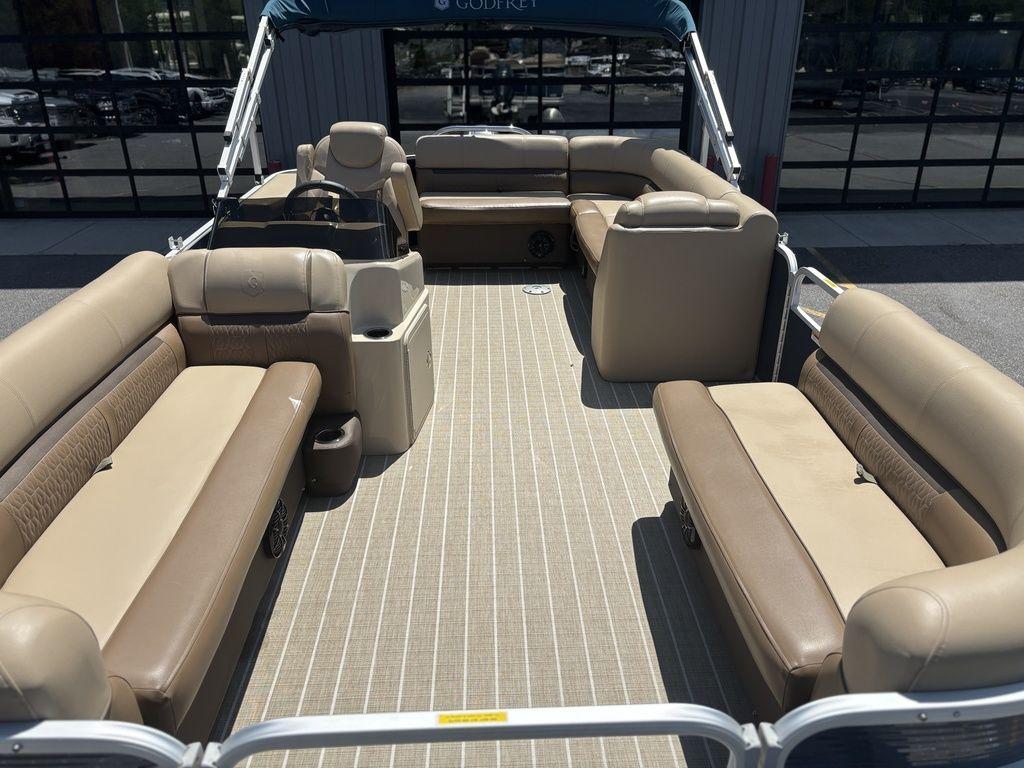 2021 Godfrey SW 2086 C pontoon boat with beige seating and spacious deck.