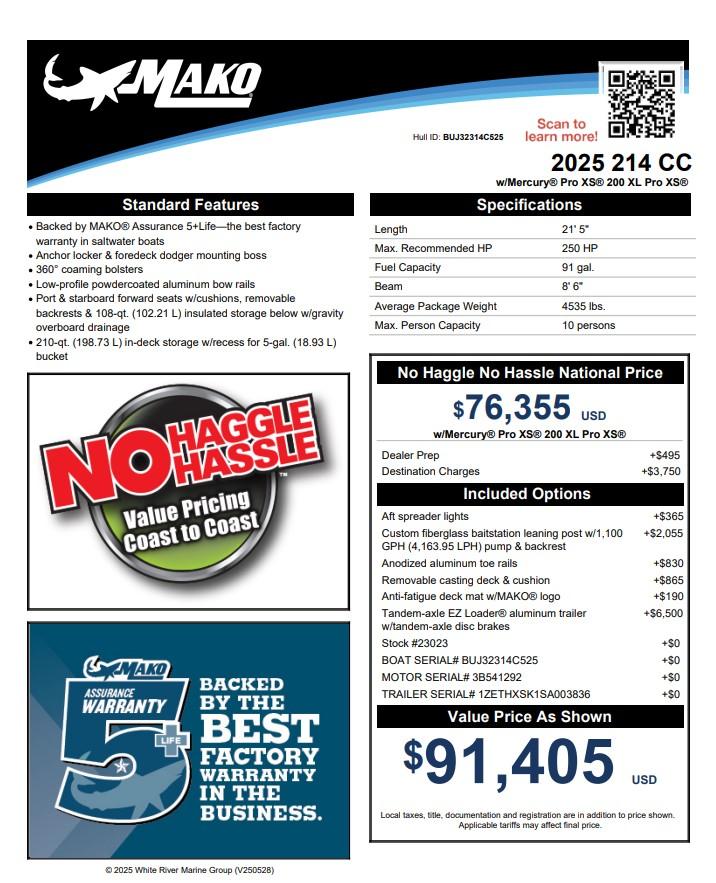 2025 Mako 214 CC boat specifications and pricing details, featuring no-haggle pricing and warranty information.