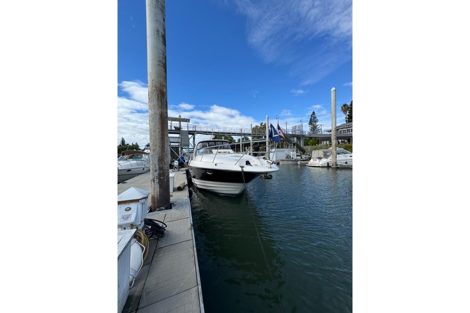 2006 Regal Commodore 4460 yacht docked at marina under blue sky.