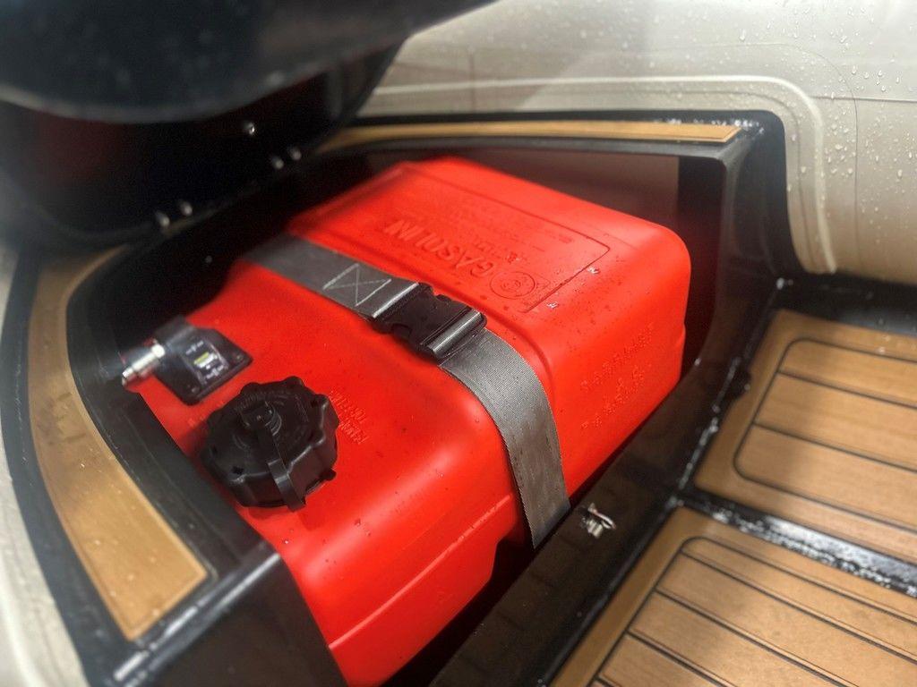 Red fuel tank in 2023 Highfield Classic 380 GT Limited boat storage compartment.