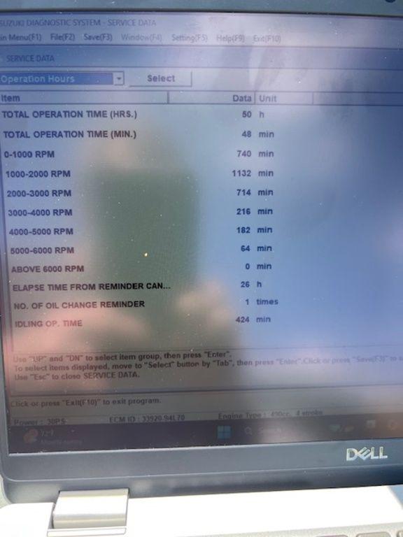 Close-up of a Dell laptop screen displaying engine operation data for a 2023 Highfield Classic 380 GT Limited.