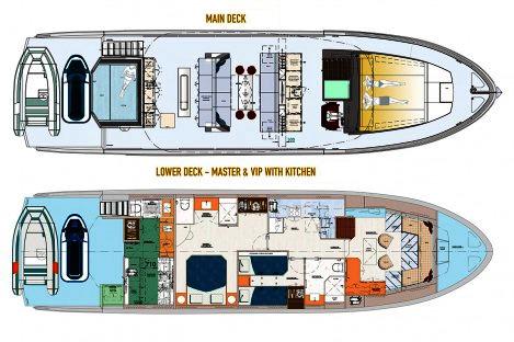 Top Deck 65 layout 2 Cabins, Big Galley on Lower Deck