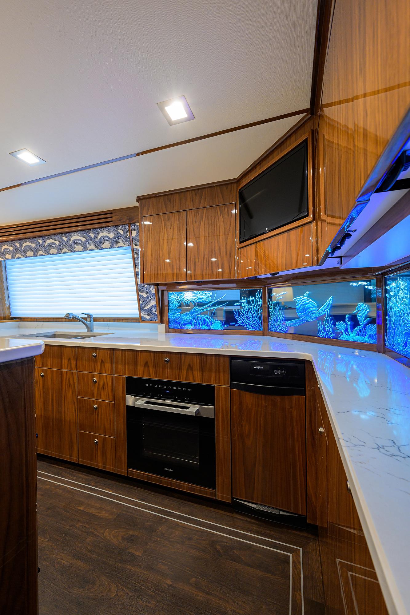 Viking 80 For Pete's Sake - Galley, Miele oven, TV, Channel Glass Backsplach