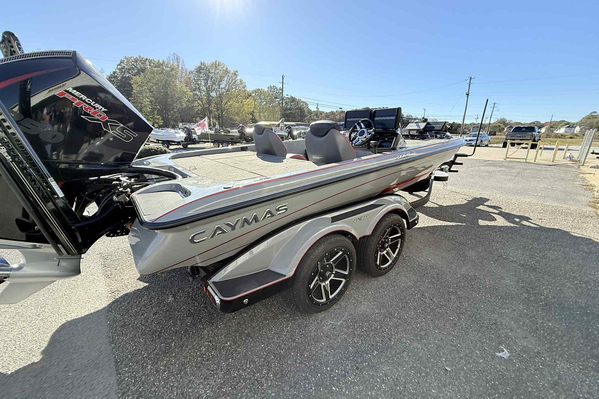 2022 Caymas CX20PRO boat with dual console, parked on a trailer in a sunny outdoor setting.