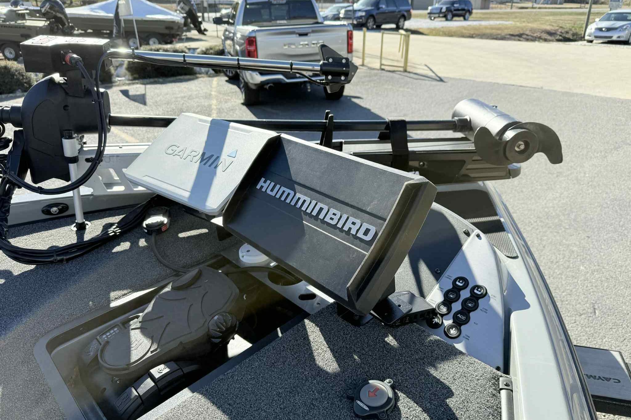 2022 Caymas CX20PRO boat with Garmin and Humminbird electronics on deck.