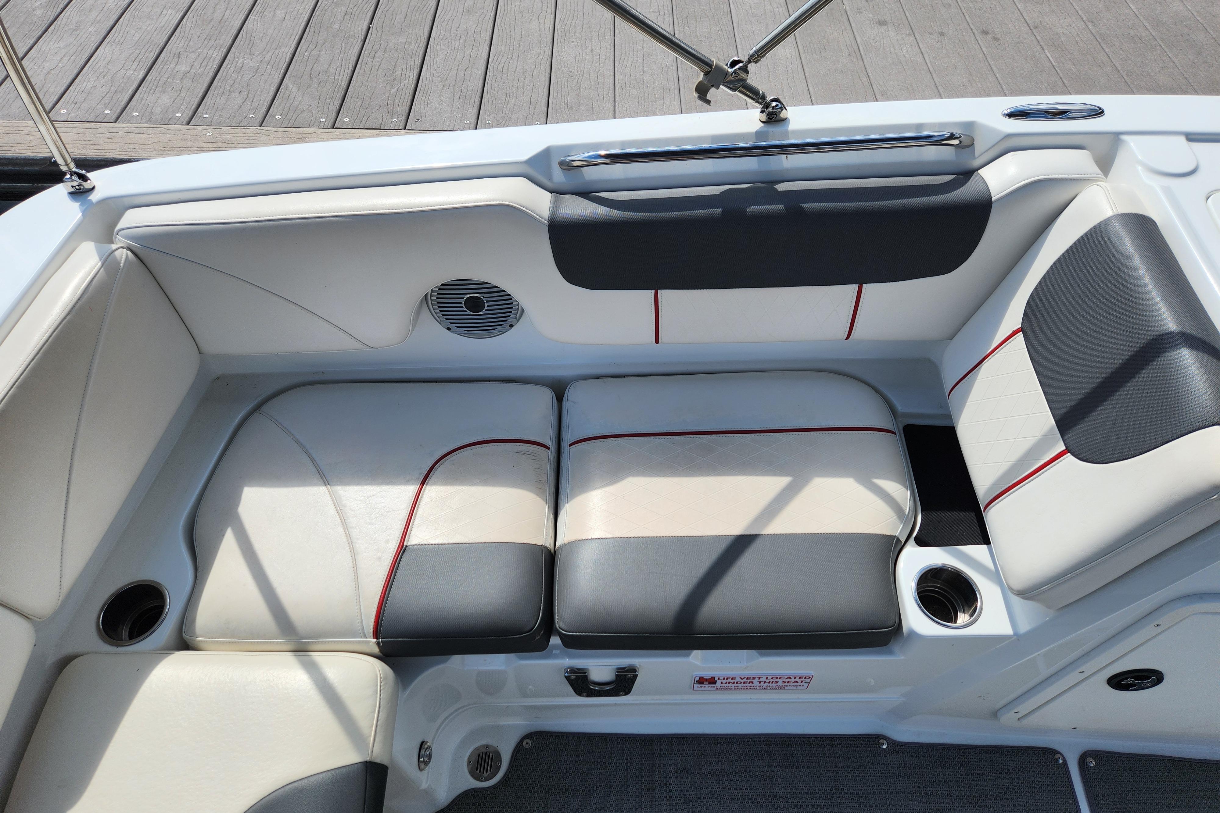 Interior seating of a 2021 Tahoe 1950 boat with gray and white upholstery.