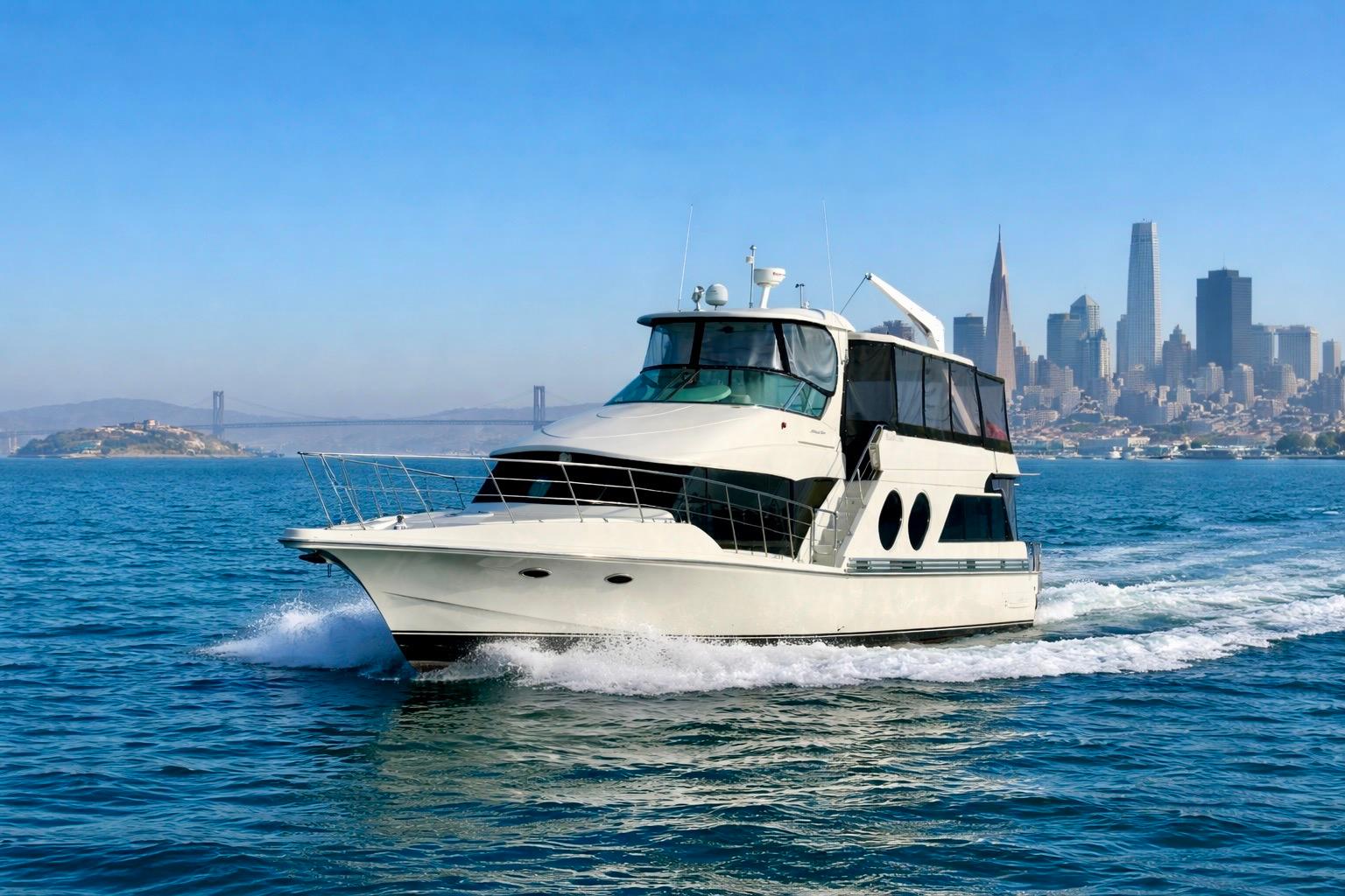 1999 Bluewater 5800 yacht cruising near city skyline and bridge.
