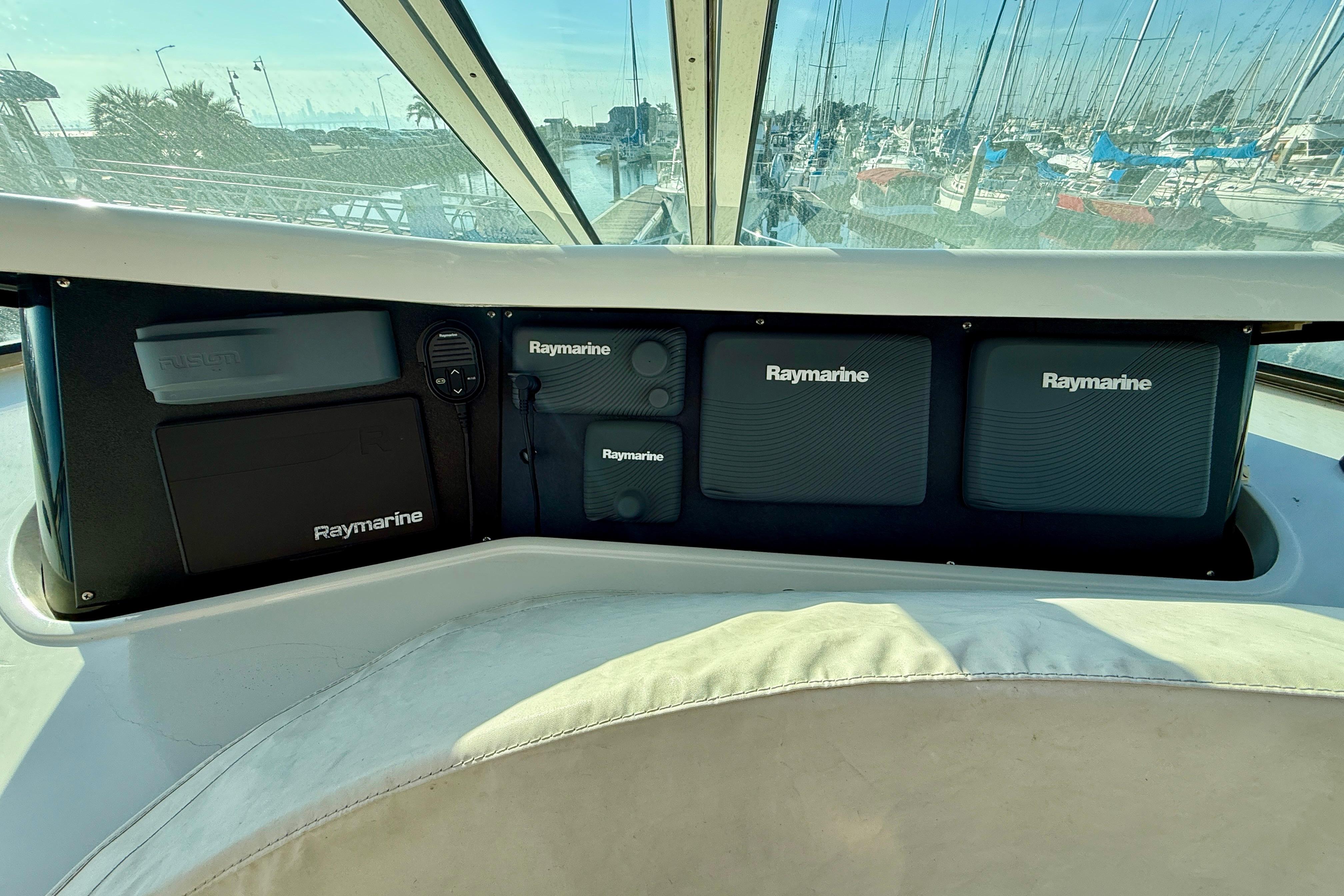 Control panel of a 1999 Bluewater 5800 yacht with Raymarine equipment.