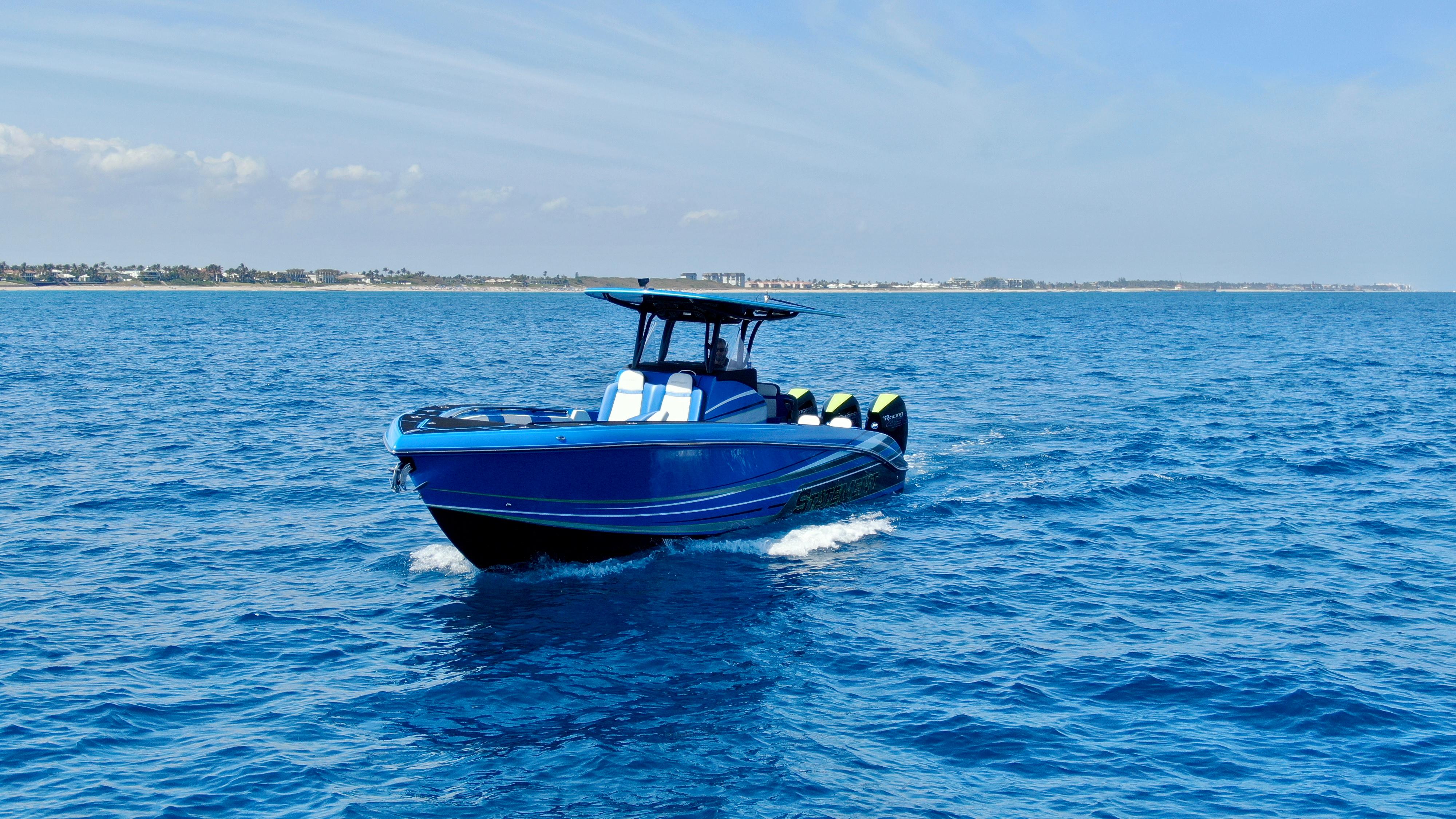 Statement-380 Open 2022-Riptide FL-US-2023 Statement 380 Open boat cruising on clear blue ocean waters.-9716318 | Thumbnail