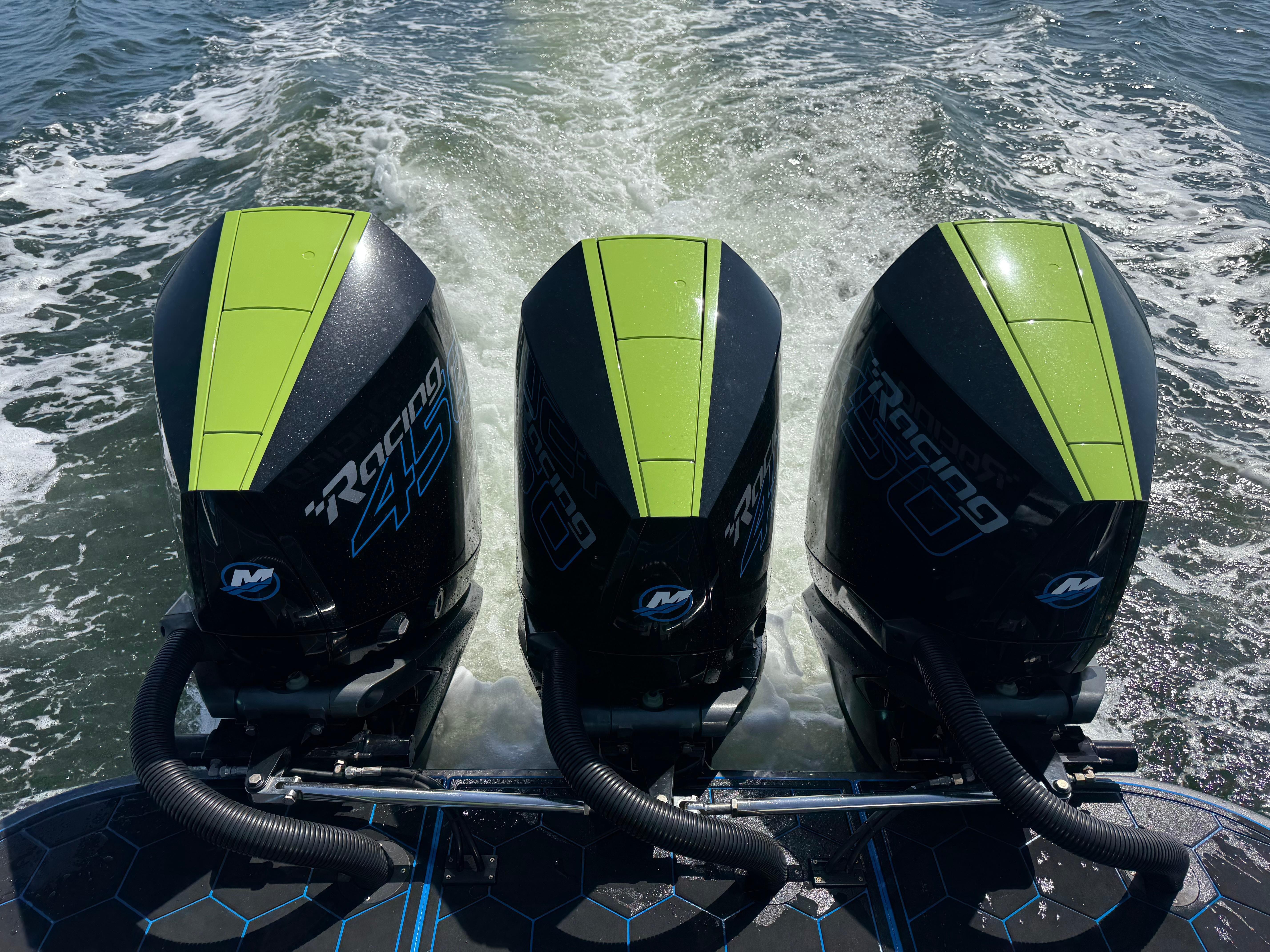 Statement-380 Open 2022-Riptide FL-US-Triple Mercury Racing engines on 2023 Statement 380 Open boat, cruising on water.-9716318 | Thumbnail