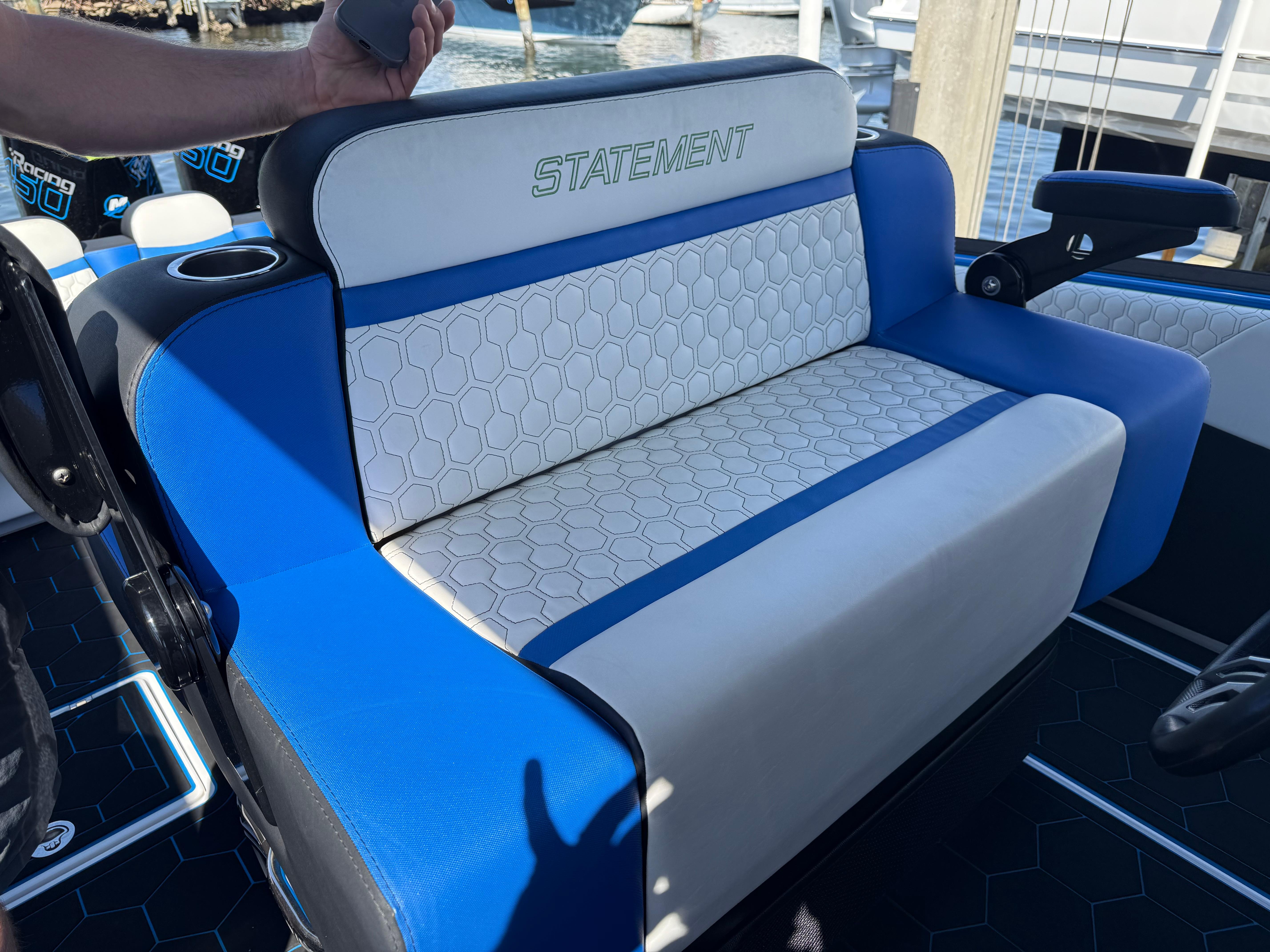 Statement-380 Open 2022-Riptide FL-US-Blue and white seating on 2023 Statement 380 Open boat.-9716318 | Thumbnail