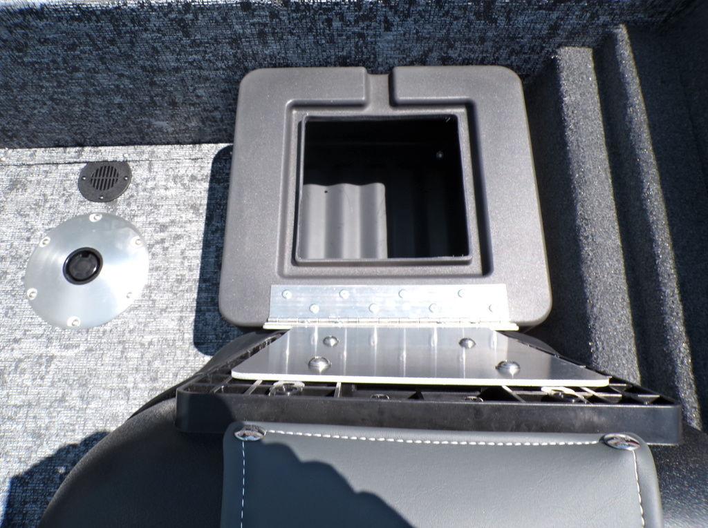 2025 Tracker Pro Team 175 TF® boat storage compartment, open lid, gray interior.