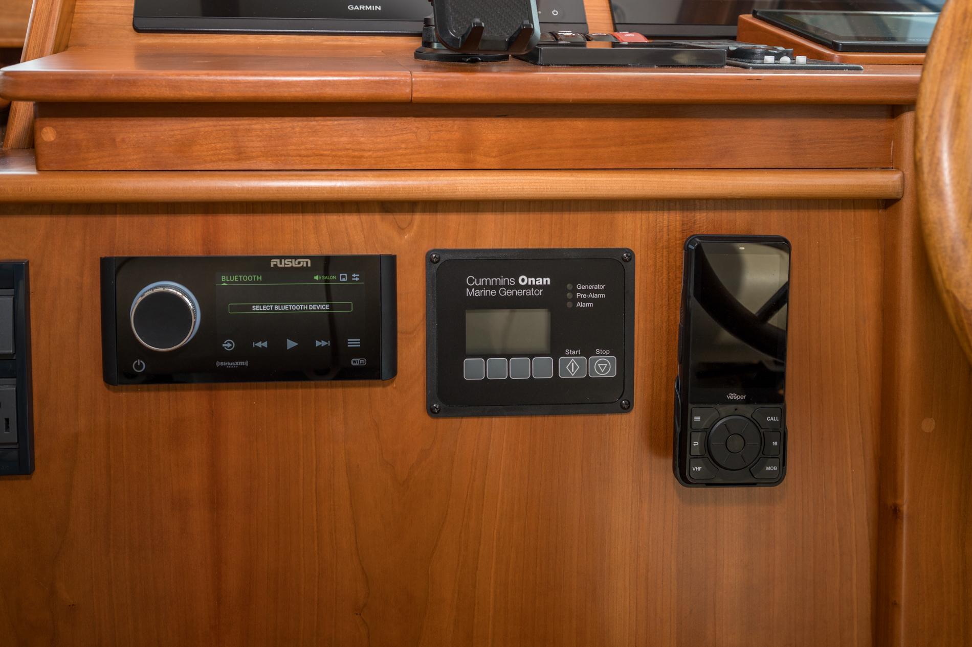 2024 Sabre 43 Salon Express control panel with audio and generator displays.