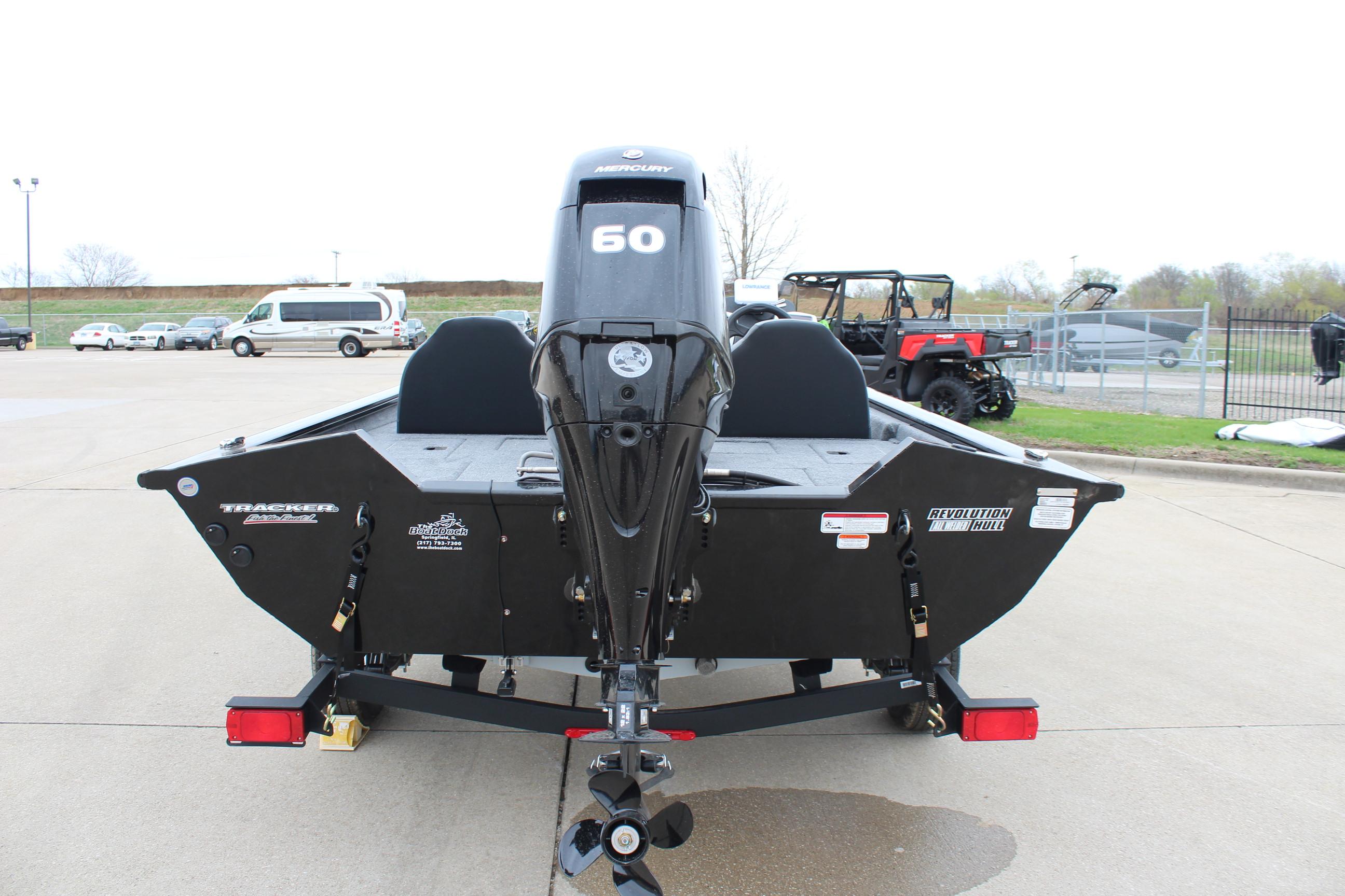 2025 Tracker Pro Team 175 Crappie Edition boat with 60 HP engine, rear view.