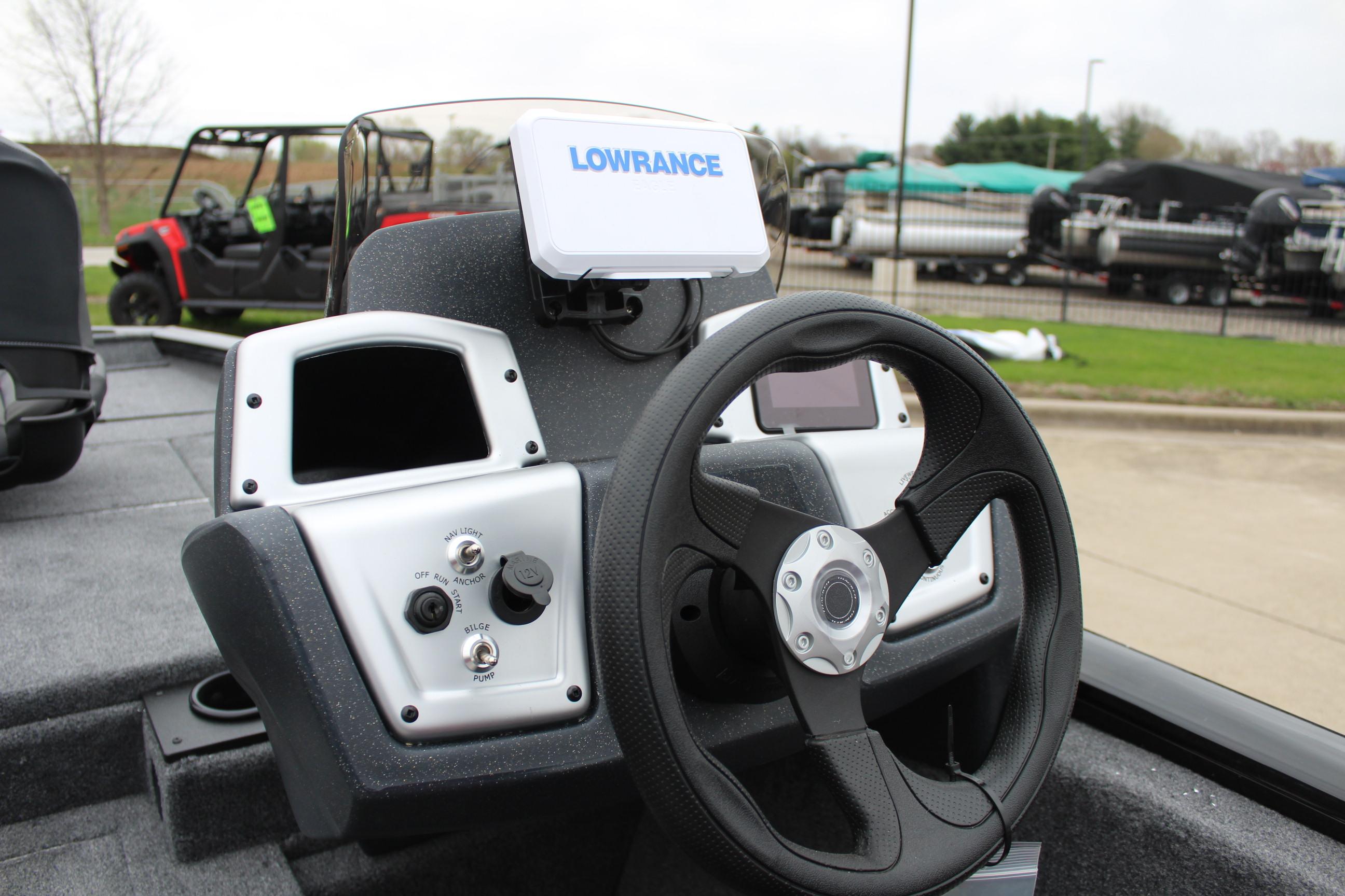 2025 Tracker Pro Team 175 Crappie Edition boat dashboard with Lowrance navigation system.