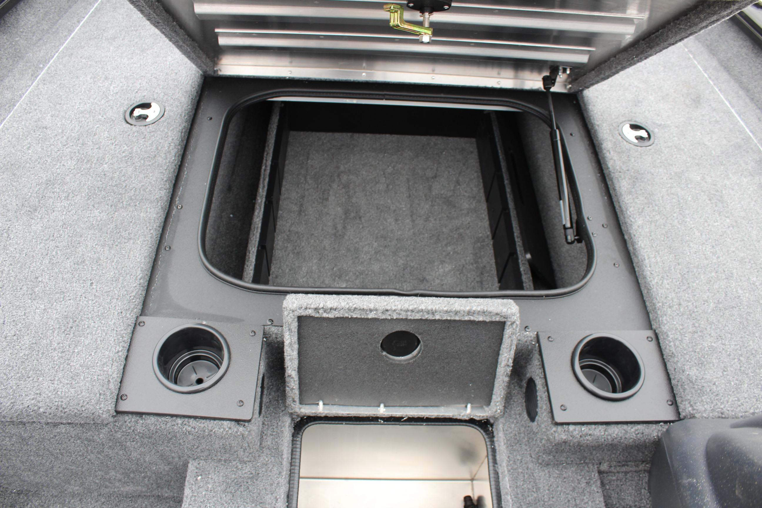 2025 Tracker Pro Team 175 Crappie Edition boat storage compartment with open lid.