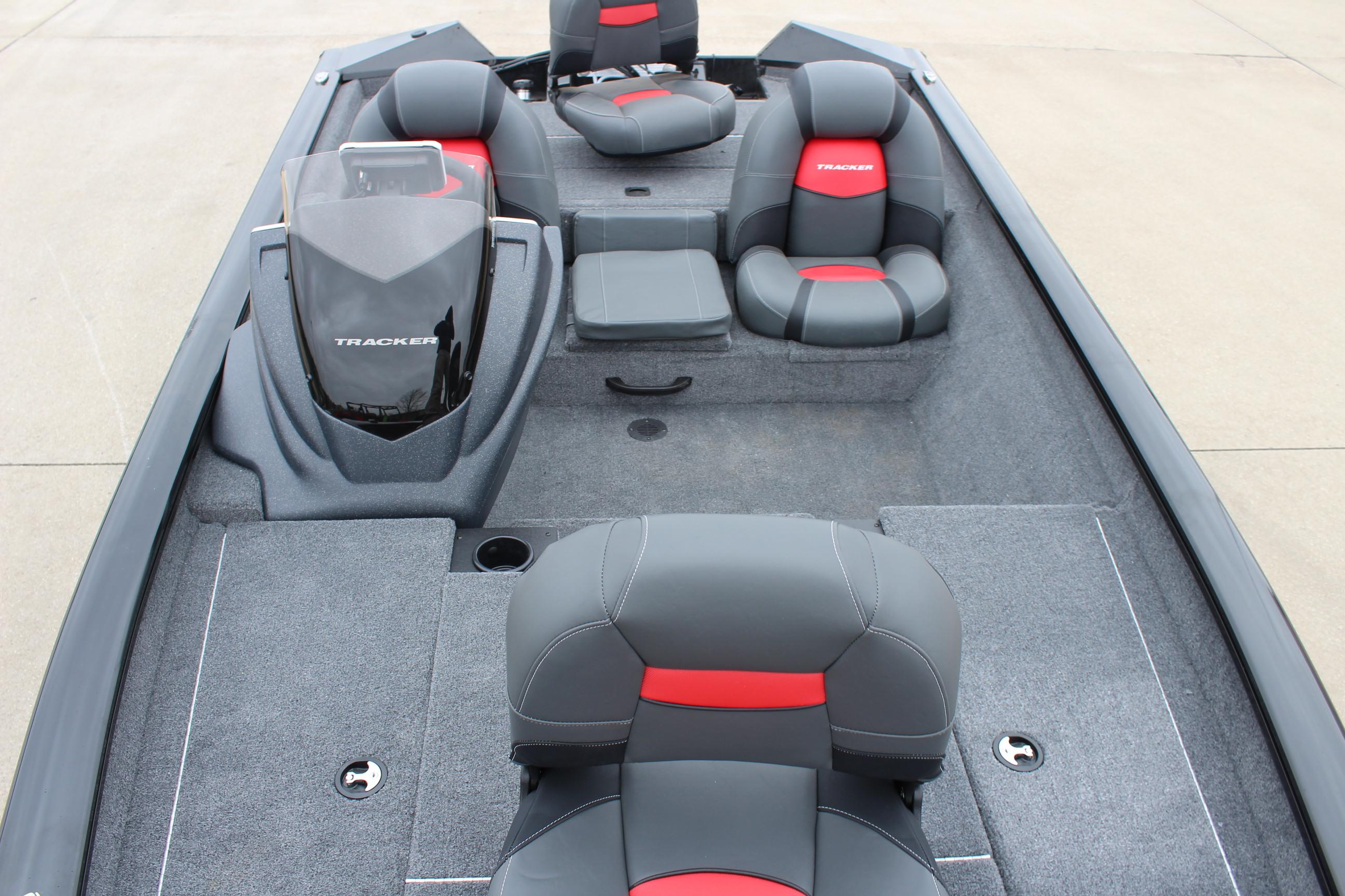 2025 Tracker Pro Team 175 Crappie Edition boat interior with gray and red seating.